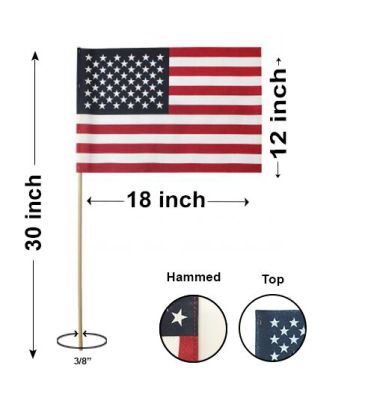 12"x18" US Memorial Flags- No Tip, Hemmed- 3/8" Staff