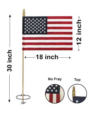 12"x18" US Memorial Flags with Gold Spear, No Fray- 3/8" Staff