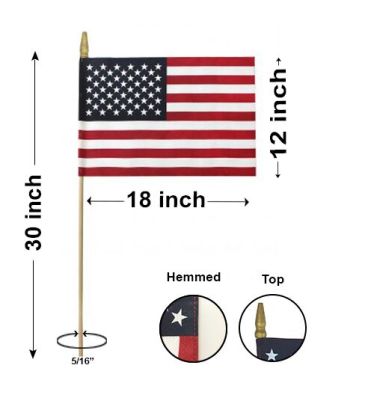 12"x18" US Mini Flag - Gold Spear Tip, Hemmed - 5/16" Staff