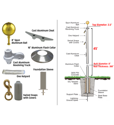 45' Heavy Commercial External Halyard Flagpole