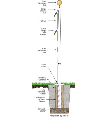 15' Commercial Fiberglass External Halyard Flagpole - White