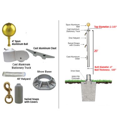 20' Standard Commercial Bolted-Base Removable Flagpole 