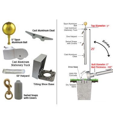 25' Standard Commercial Hinged-Base Flagpole 